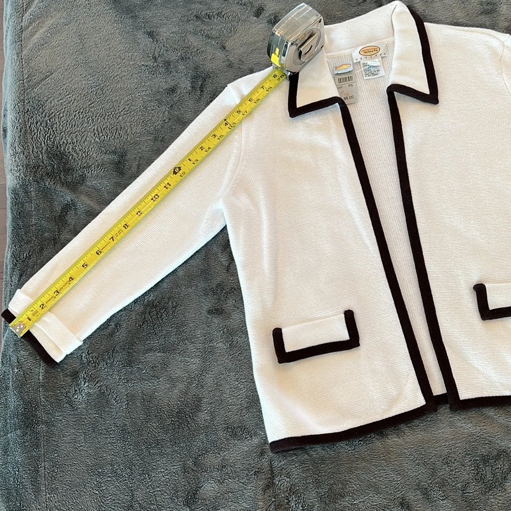 🎉Host Pick 2x🎉Talbots White Open Front Cardigan w/Brown Pipping Small Petite - Picture 8 of 11